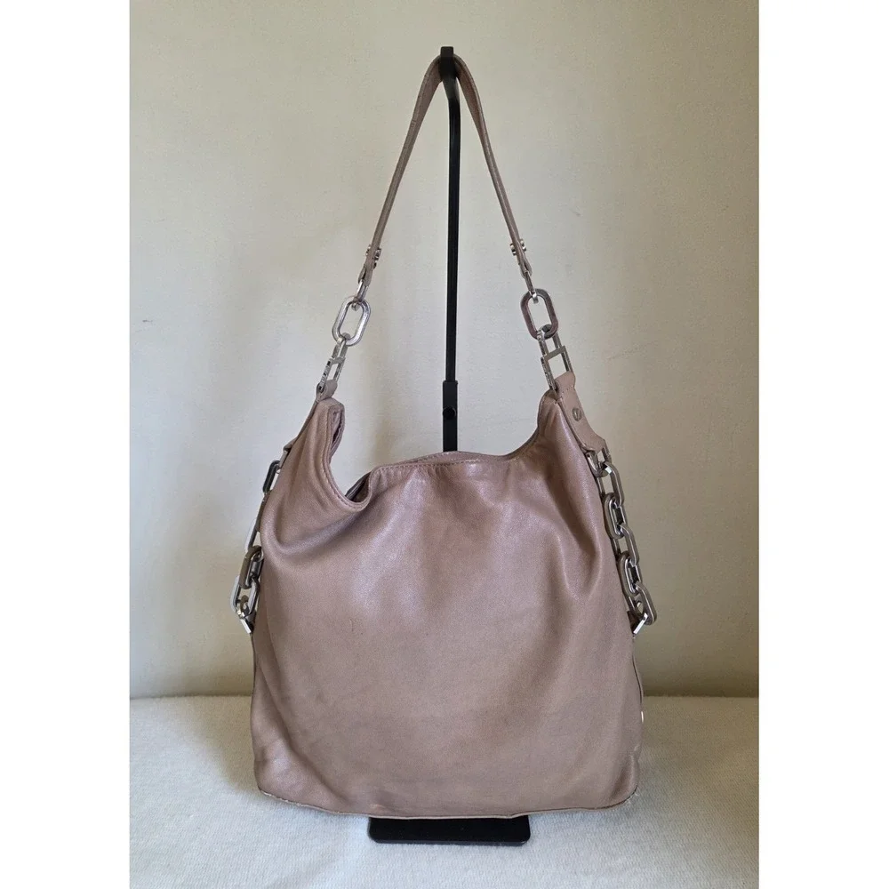 TORY BURCH Tan Beige Soft Leather Slouch Hobo Handbag Logo Metal Accents
